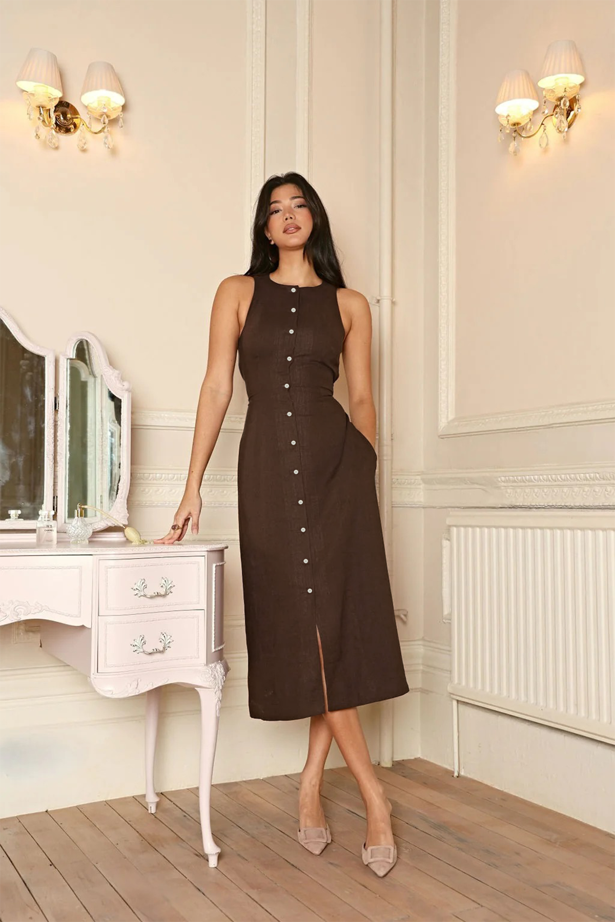 Buy a Brown Cotton Dress Solid Sleeveless Flared Jeany Shirt Dress for