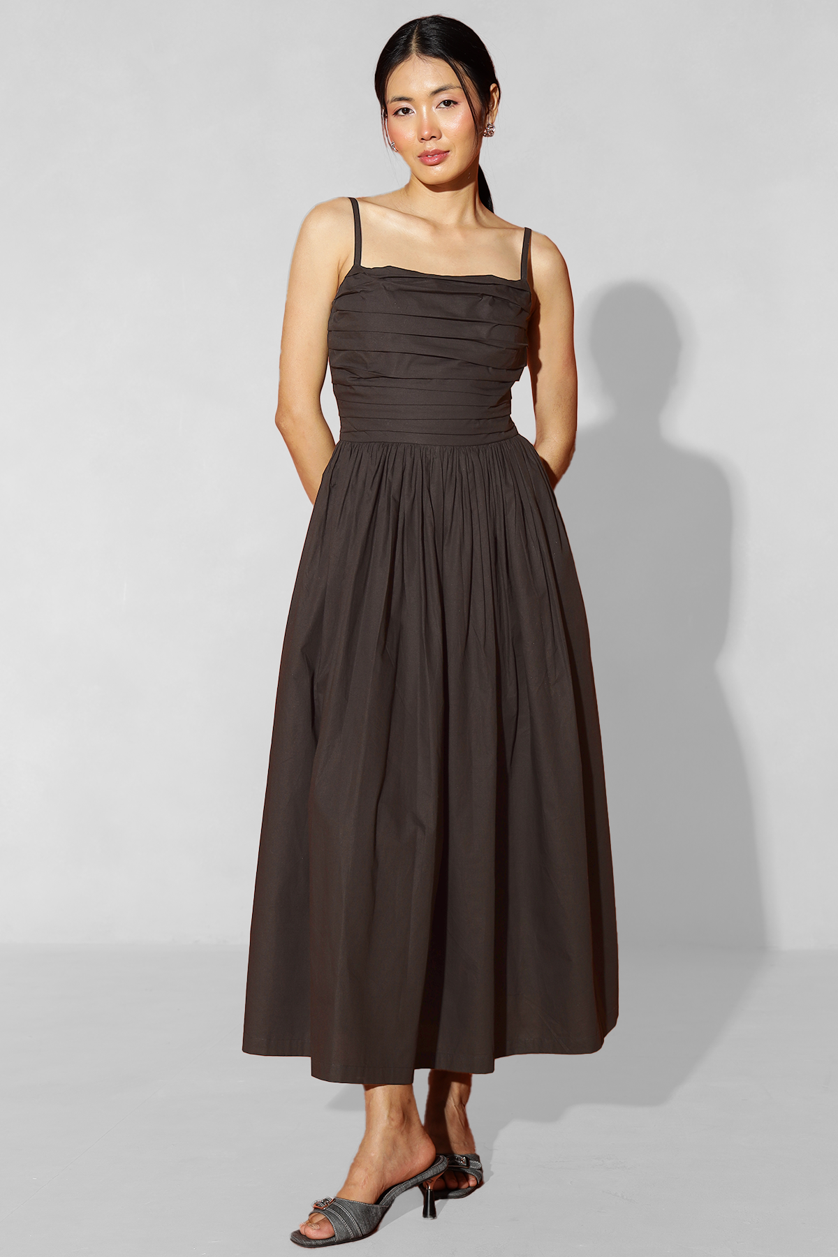 Buy a Brown Cotton Dress Solid Sleeveless Fit and Flare Emely Pocket