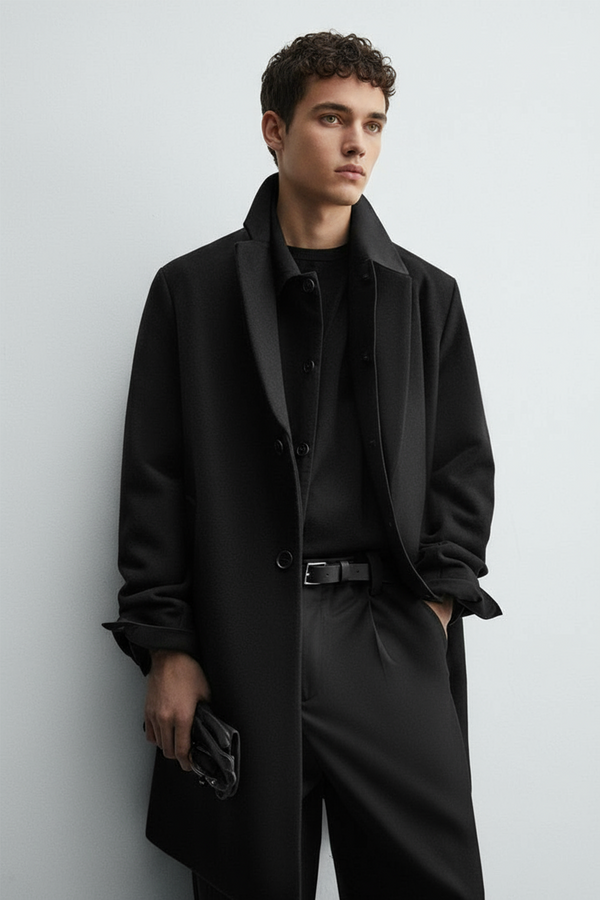 Black - Men Wool Blend Coat