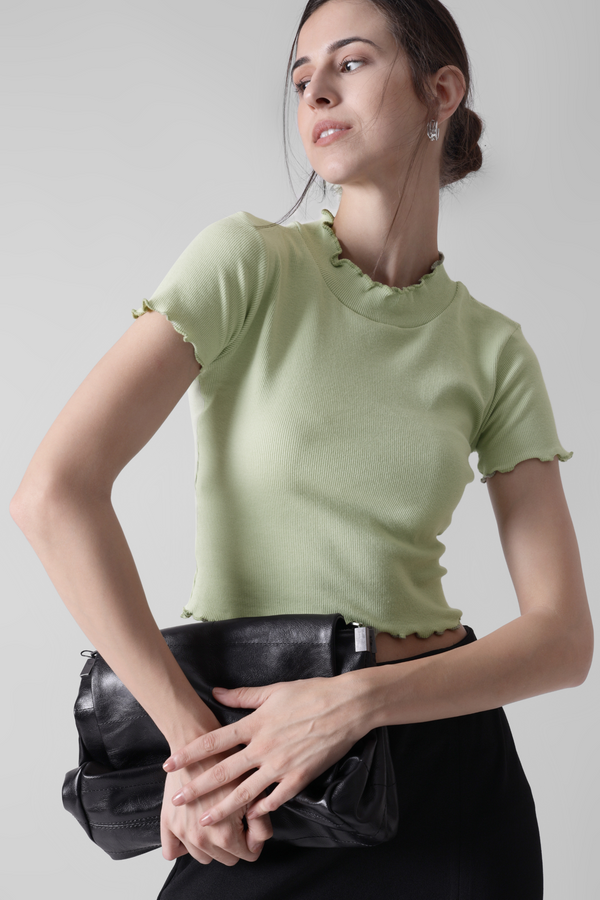 Soft Mint- Lettuce trim Ribbed crop tee
