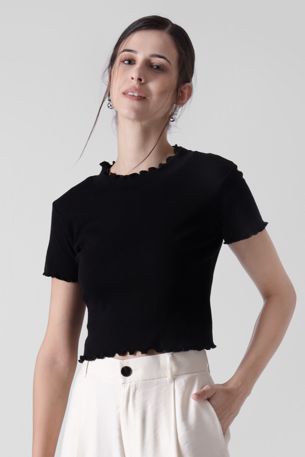 Bold Black- Lettuce trim Ribbed crop tee