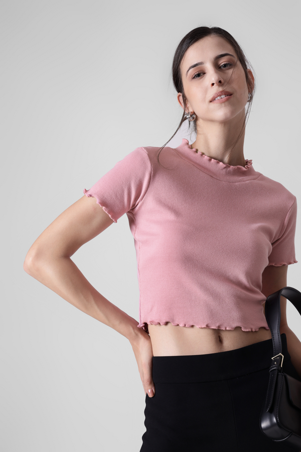 Salmon Pink- Lettuce trim Ribbed crop tee