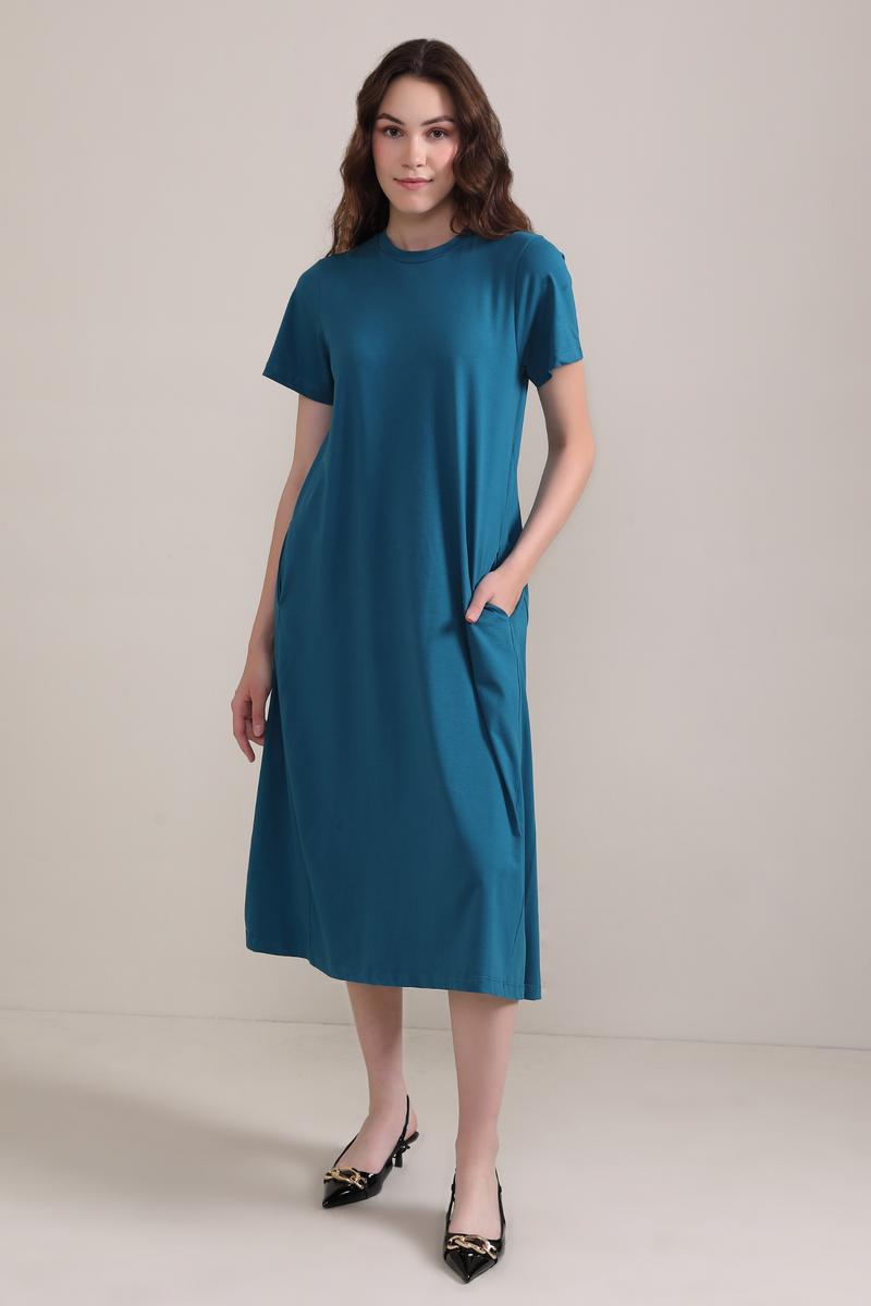 Cotton A line Short Sleeve Dress-Teal Blue