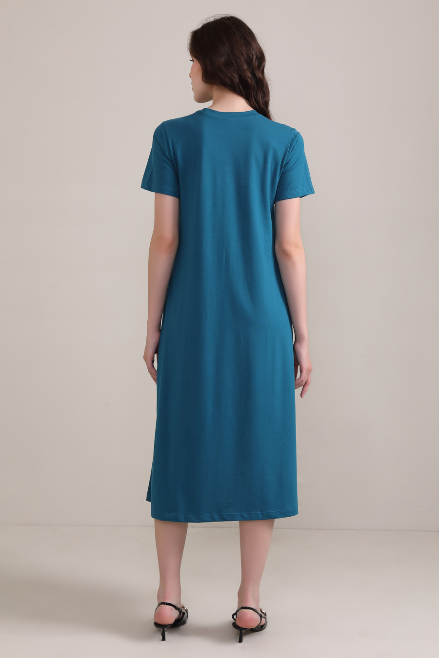 Cotton A line Short Sleeve Dress-Teal Blue