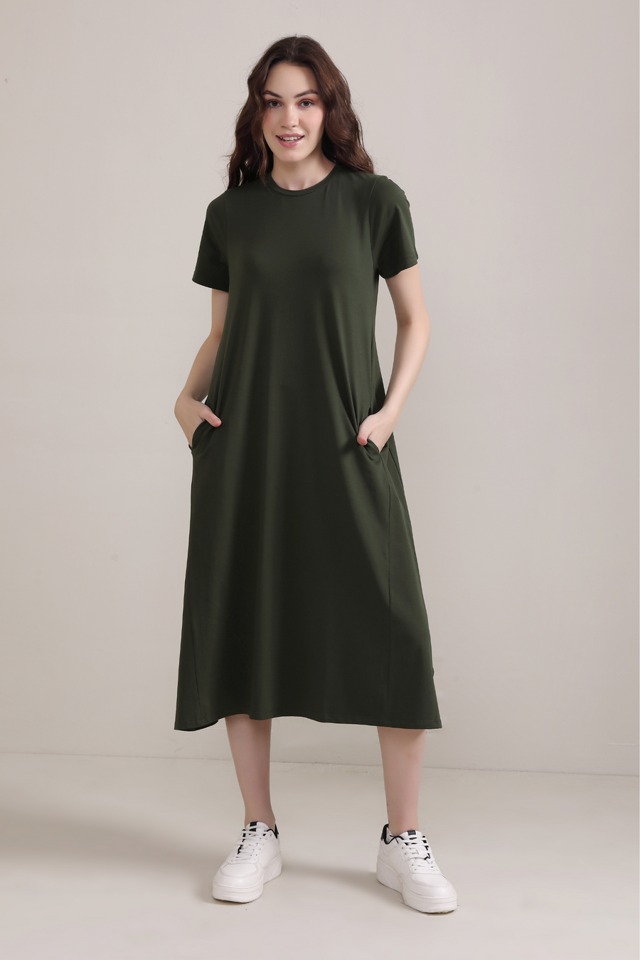 Cotton A line Short Sleeve Dress-Olive