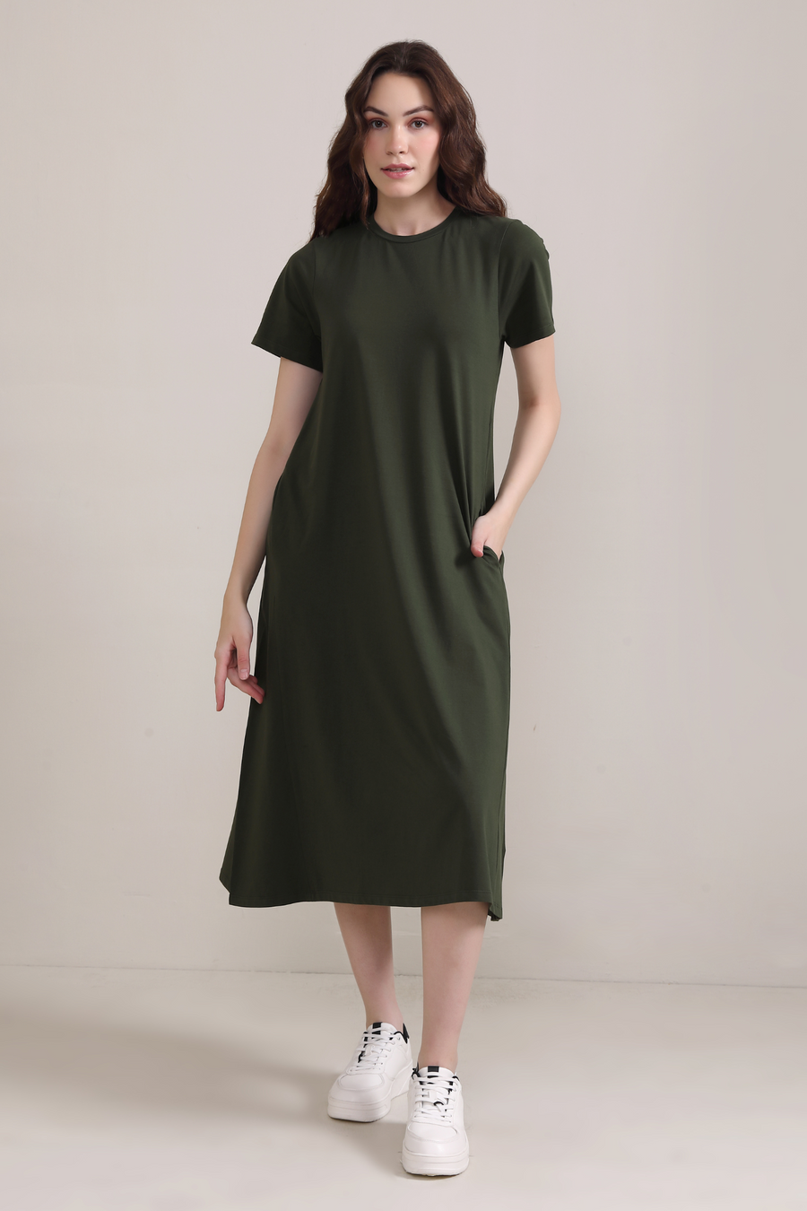 Cotton A line Short Sleeve Dress-Olive