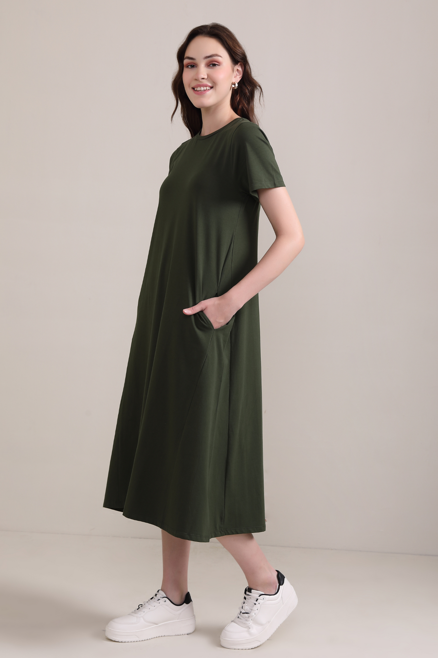 Cotton A line Short Sleeve Dress-Olive