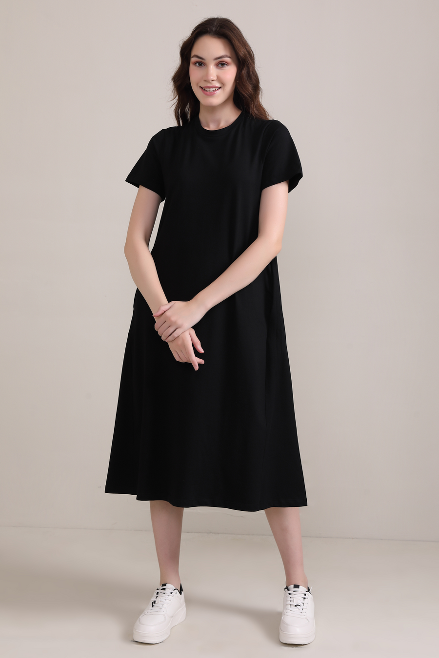 Cotton A line Short Sleeve Dress-Black