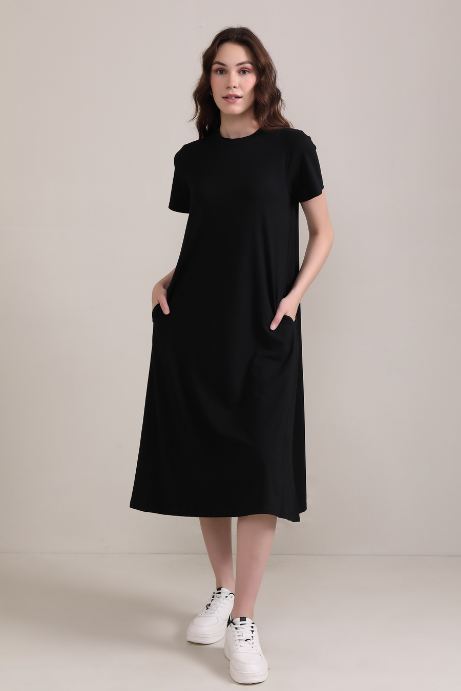 Cotton A line Short Sleeve Dress-Black