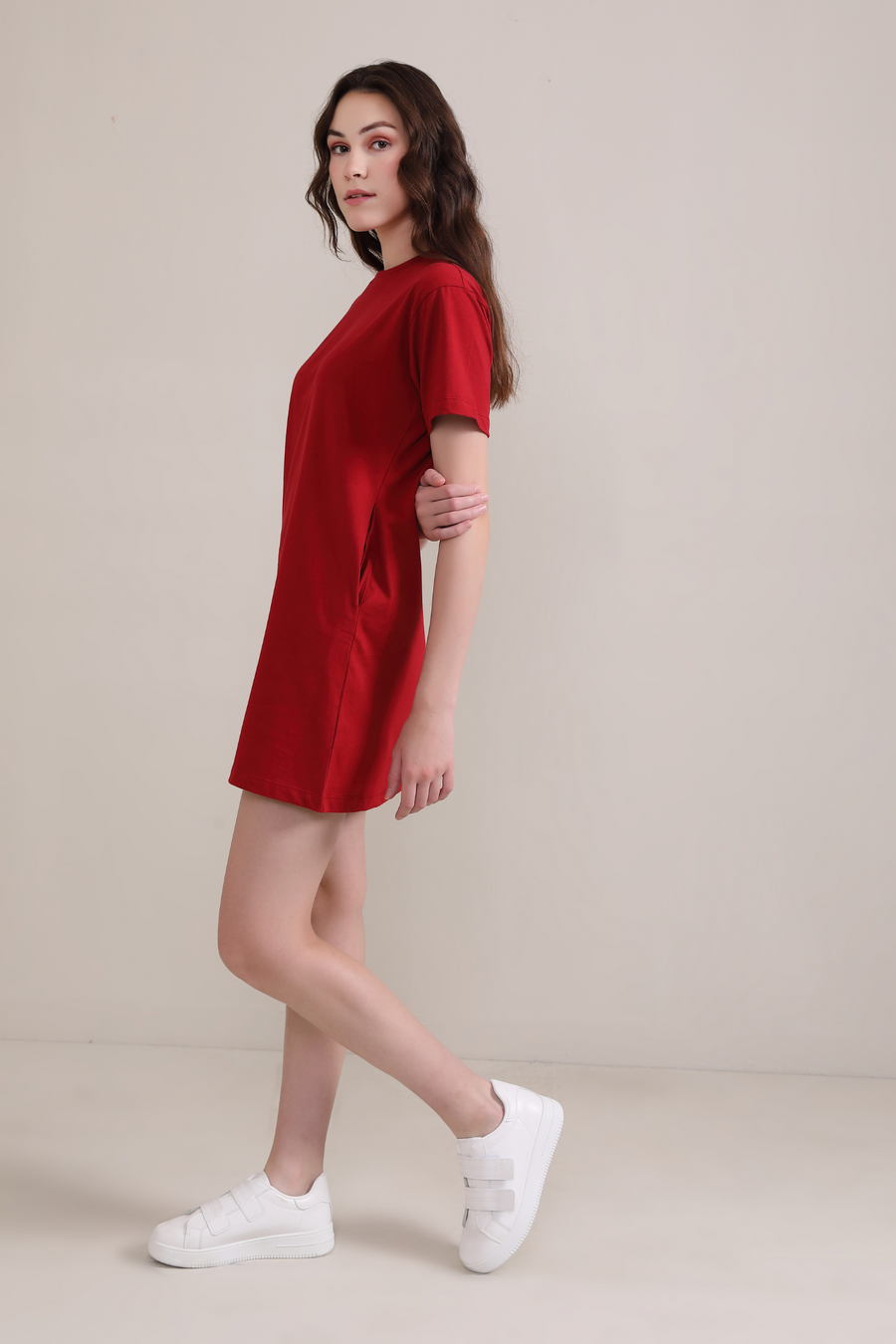 Cotton T-shirt Dress: Crimson