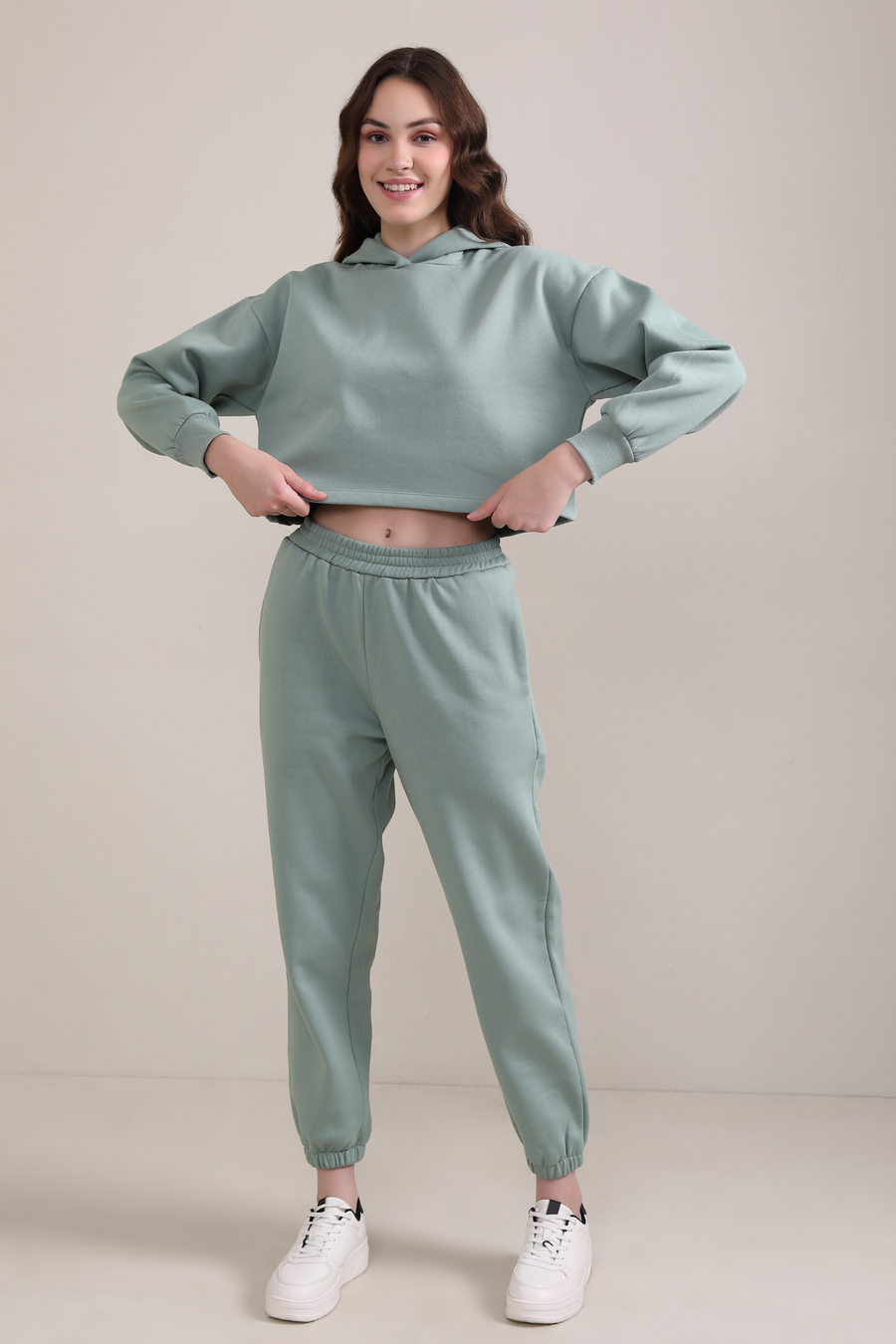 Crop Hoodie-Granite Green
