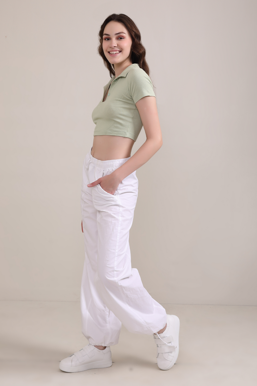 Ribbed Crop Polo T-Shirt- Granite Green