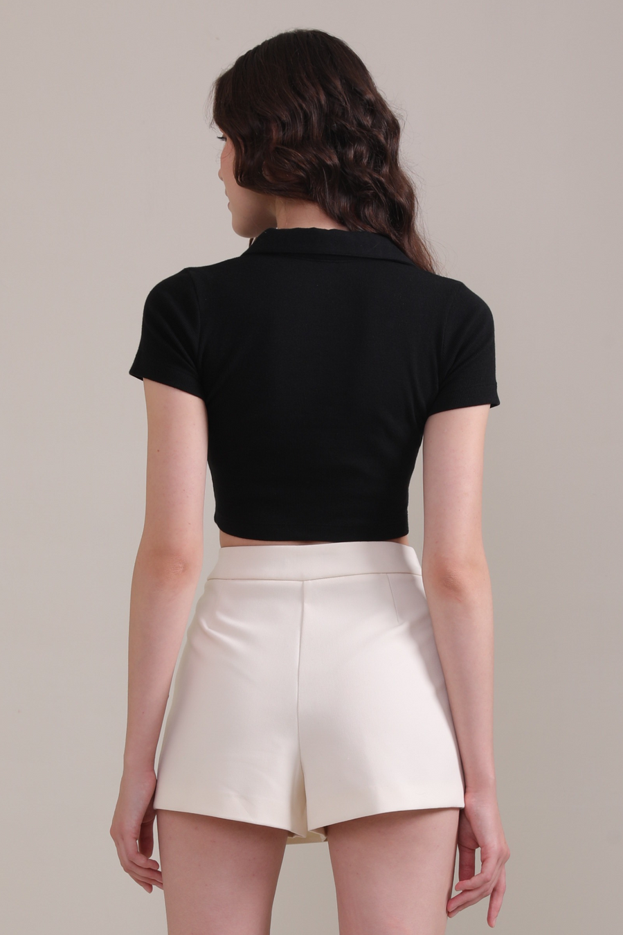 Ribbed Crop Polo T-Shirt T-Shirt- Black