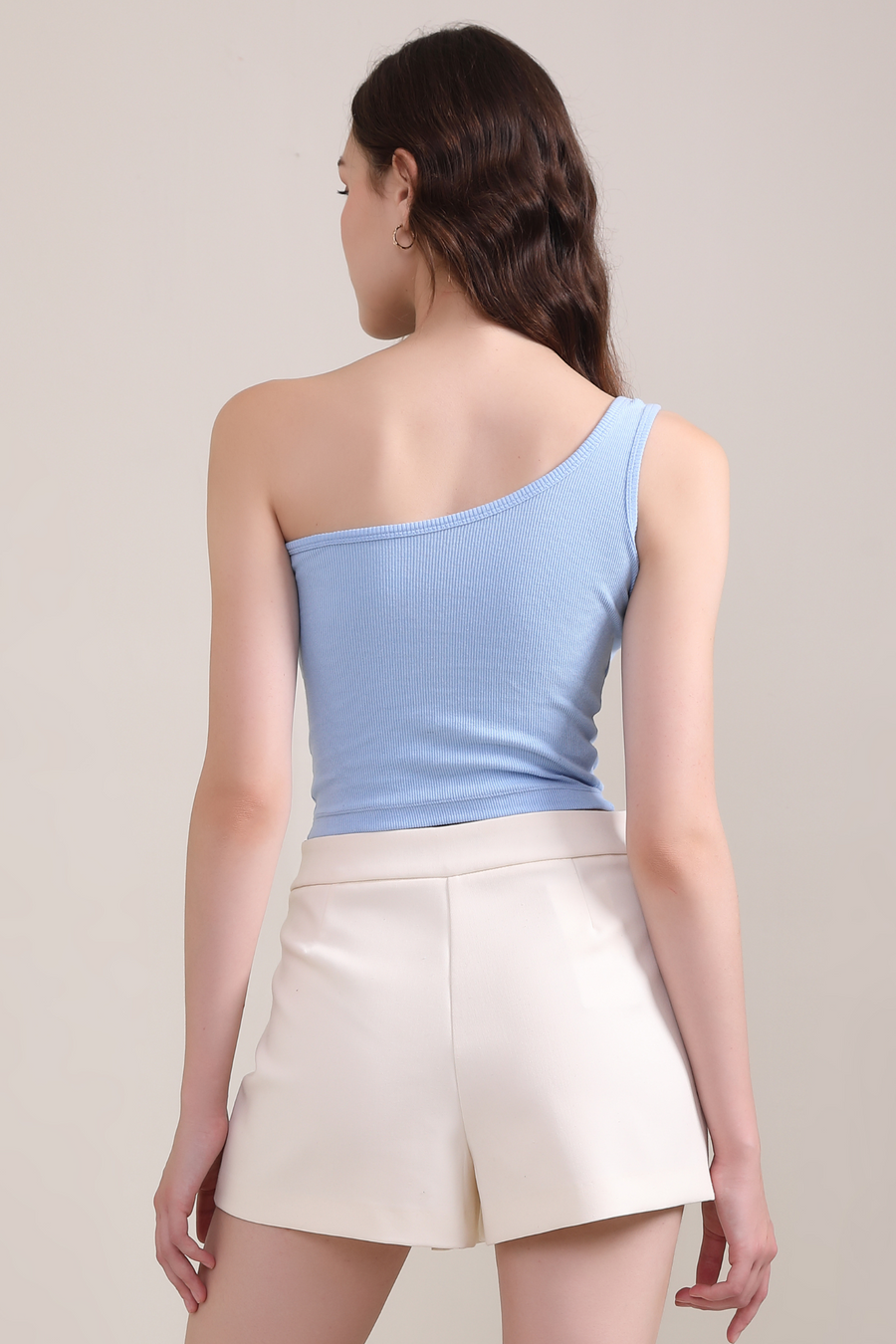 One Shoulder Ribbed Top- Powder Blue