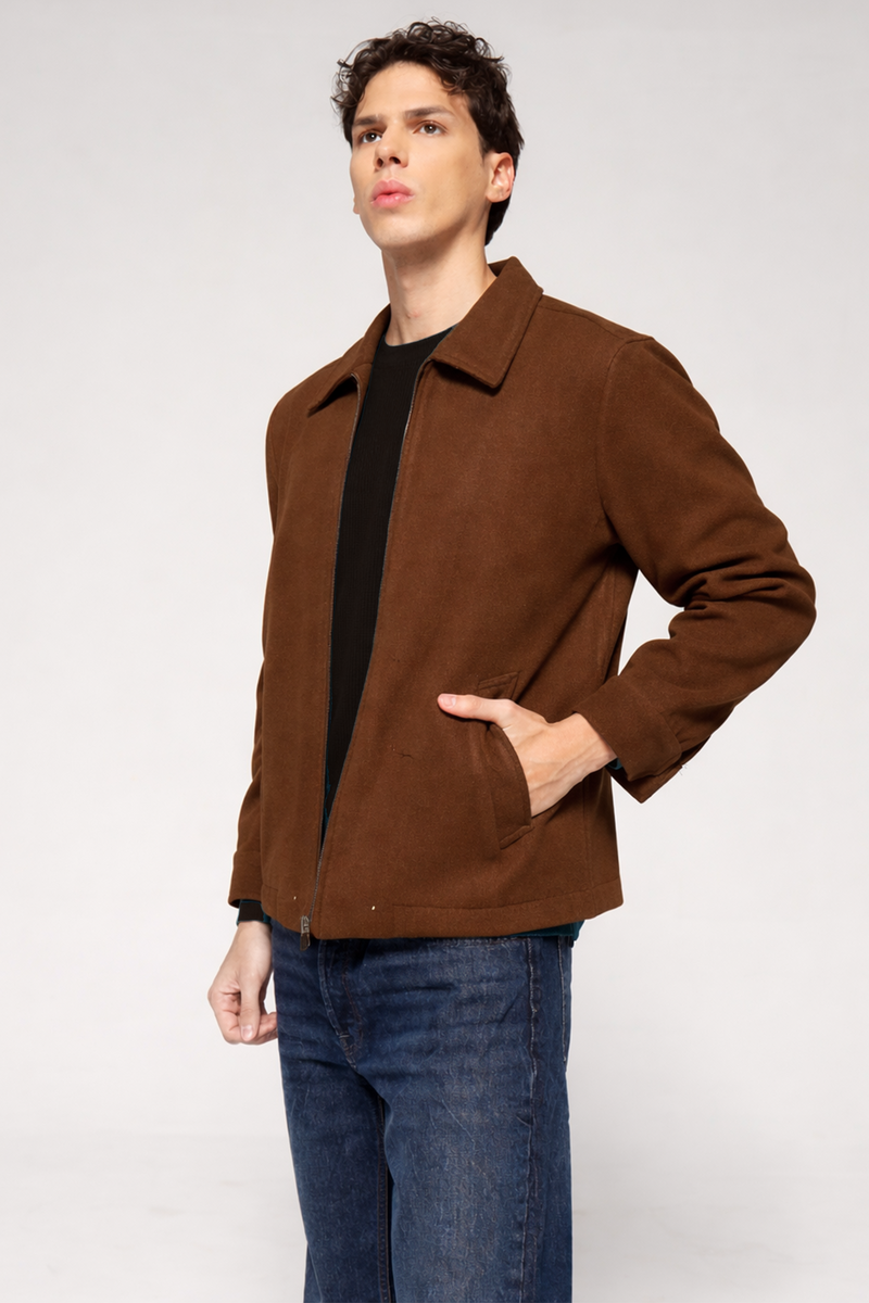 Single Collar Bomber Jacket - Brown