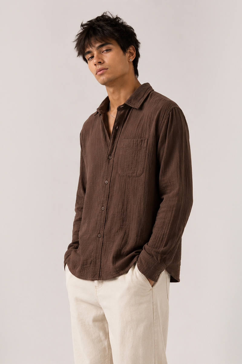 Gauze Crop Shirt : Brown