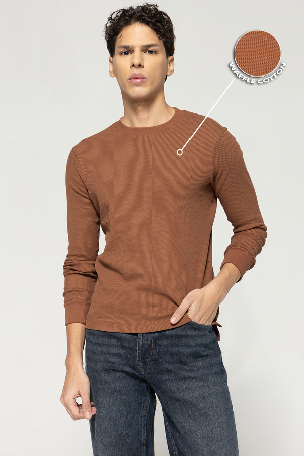 Waffle Long Sleeve T-Shirt - Brown