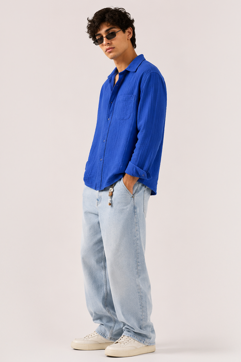 Gauze Crop Shirt : Blue Prosecco