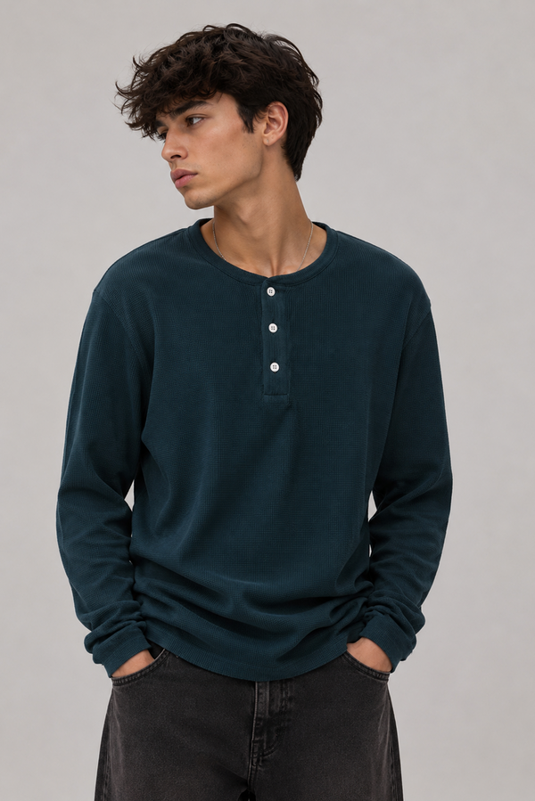 Henley Waffle - Teal Blue