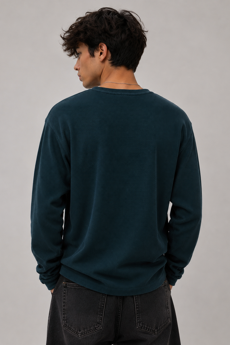Henley Waffle - Teal Blue