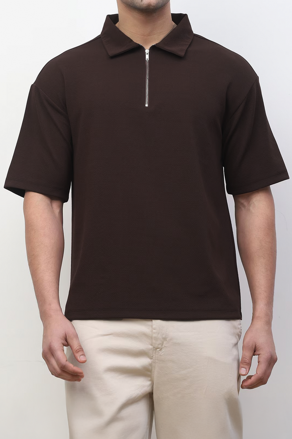 Polo Zipper T-Shirt : Brown
