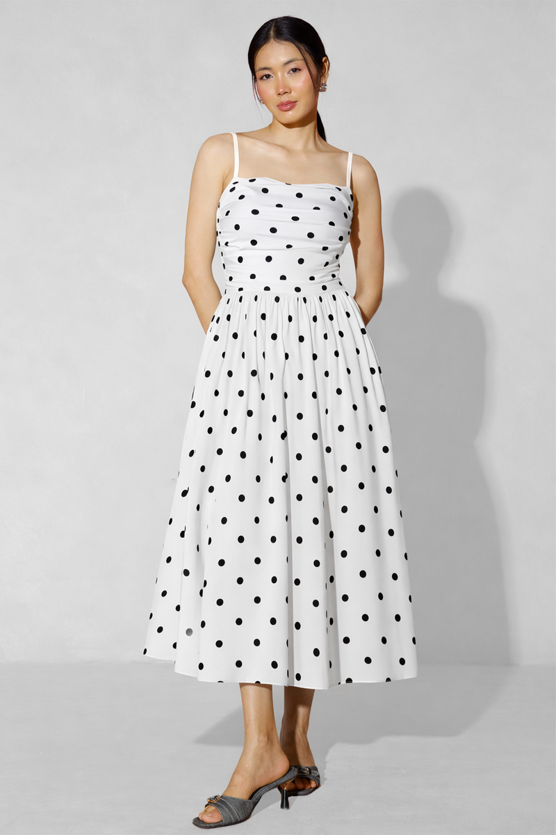 Emely Pocket Dress : White Polka Dot