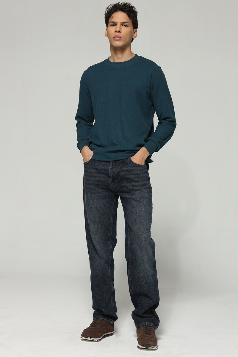 Waffle Long Sleeve T-Shirt - Teal Blue