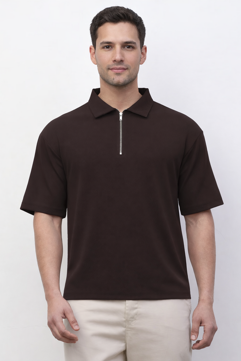 Polo Zipper T-Shirt : Brown