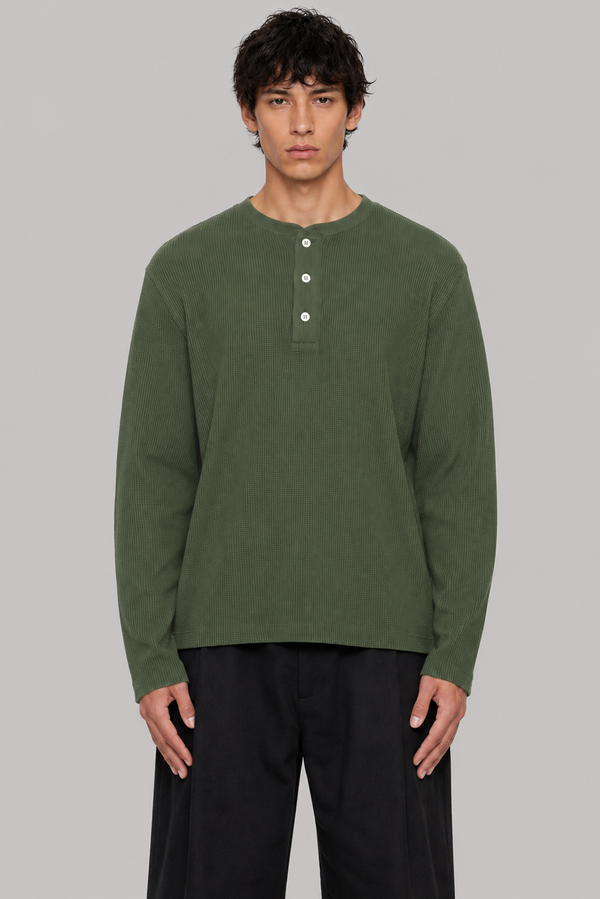 Henley Waffle - Olive Moss