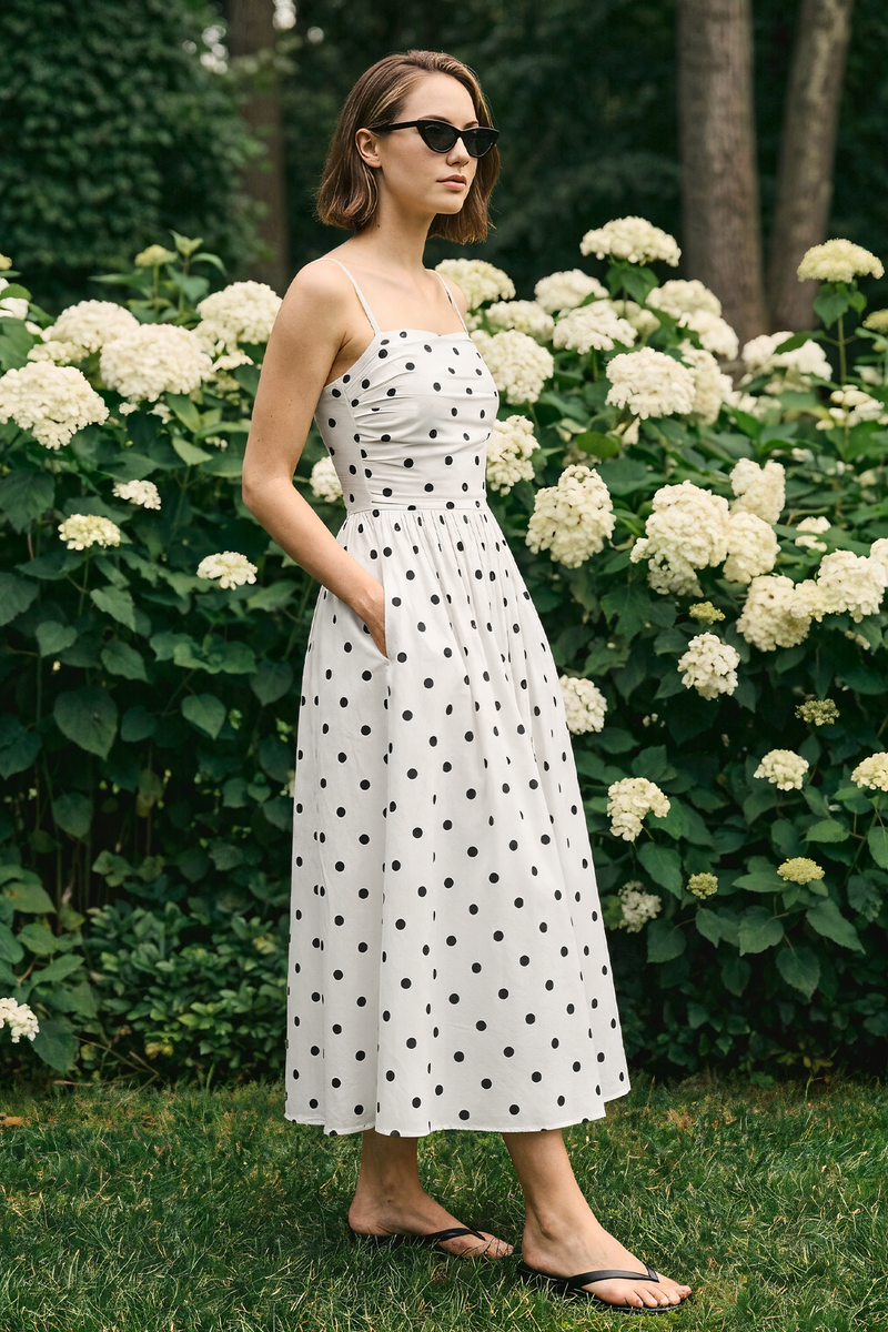 Emely Pocket Dress : White Polka Dot