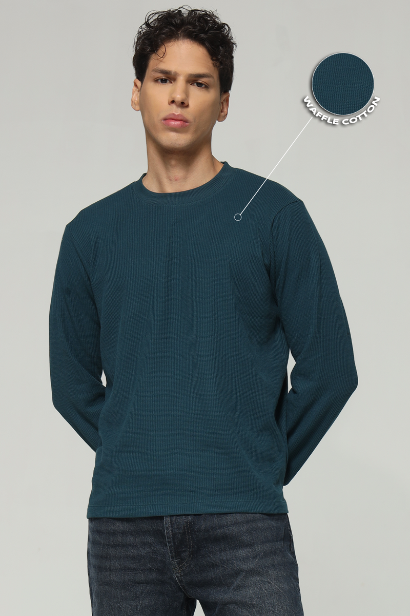 Waffle Long Sleeve T-Shirt - Teal Blue