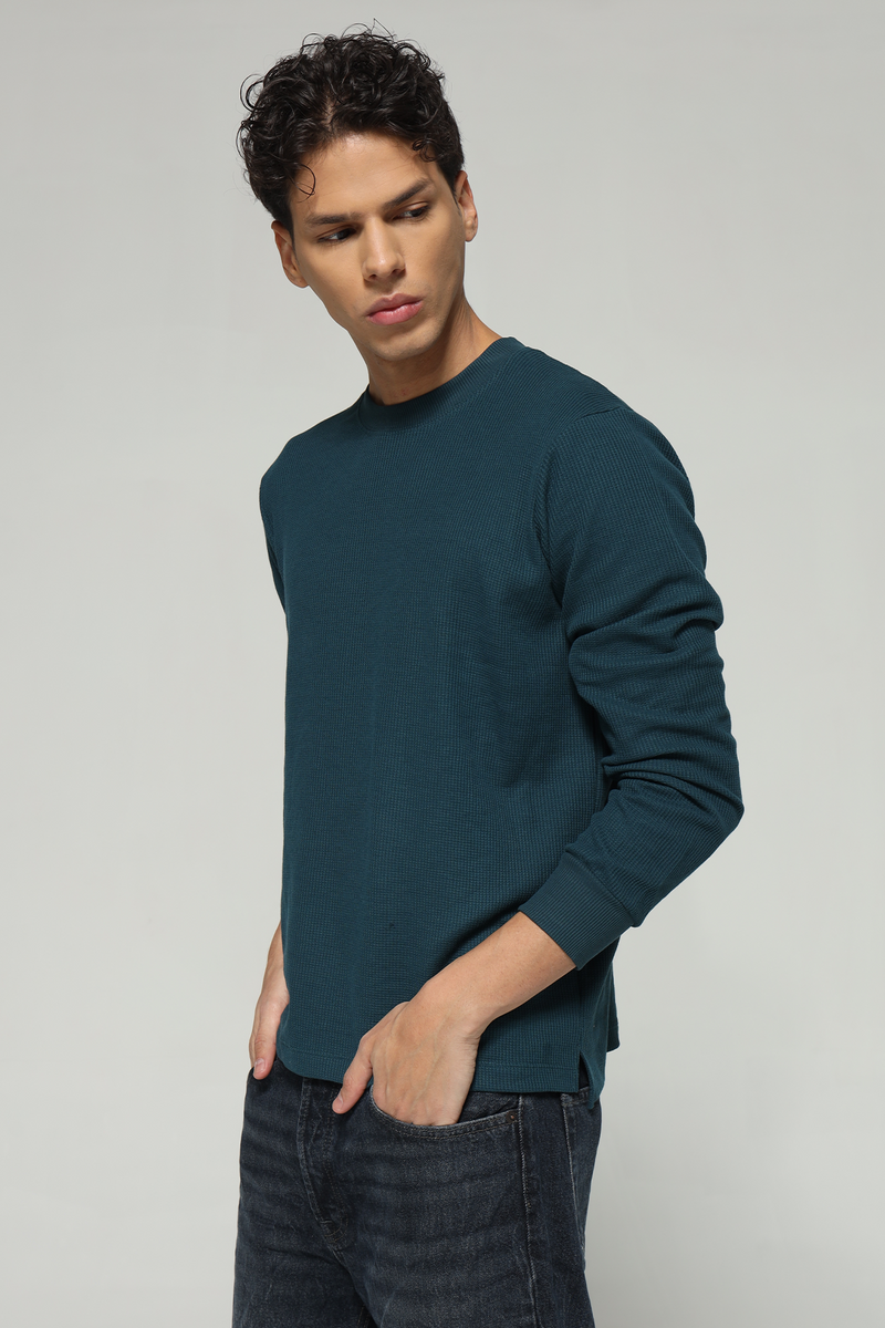 Waffle Long Sleeve T-Shirt - Teal Blue