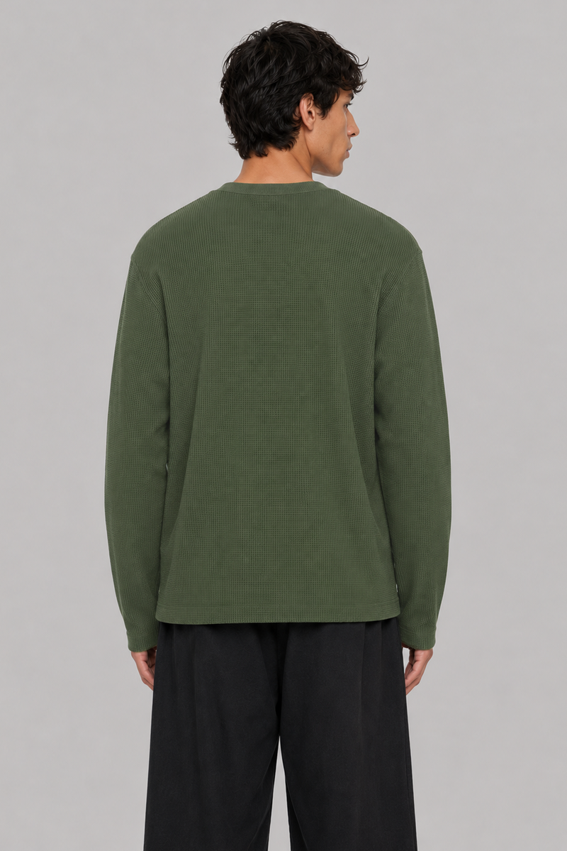 Henley Waffle - Olive Moss