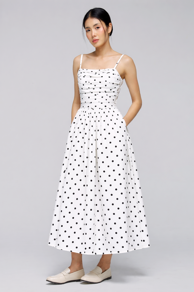 Emely Pocket Dress : White Polka Dot
