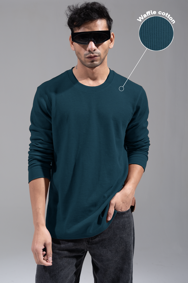 Waffle Long Sleeve T-Shirt - Teal Blue