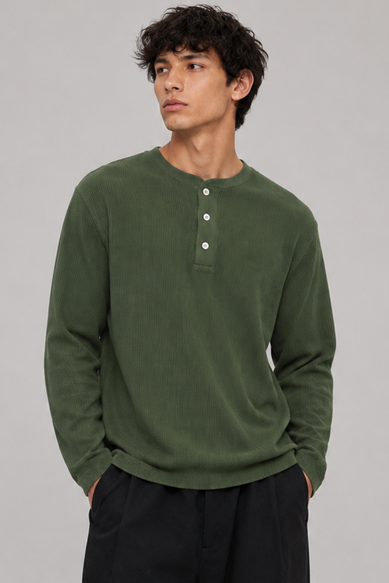 Henley Waffle - Olive Moss