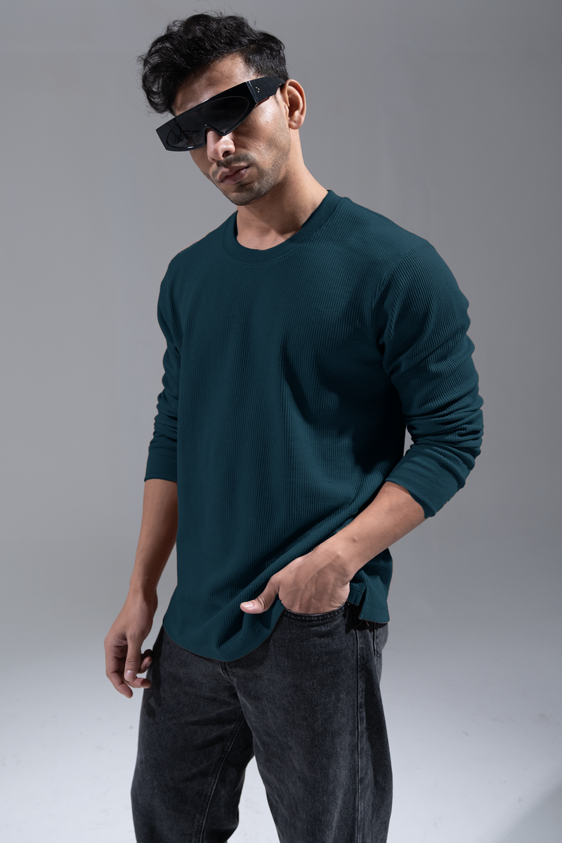 Waffle Long Sleeve T-Shirt - Teal Blue