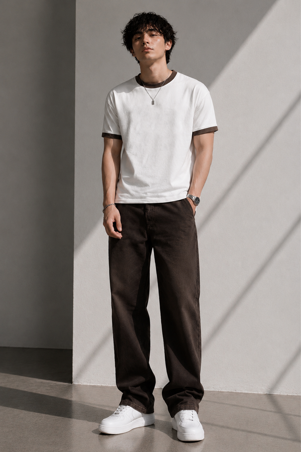 White - Brown - Ringer Cropped Tee