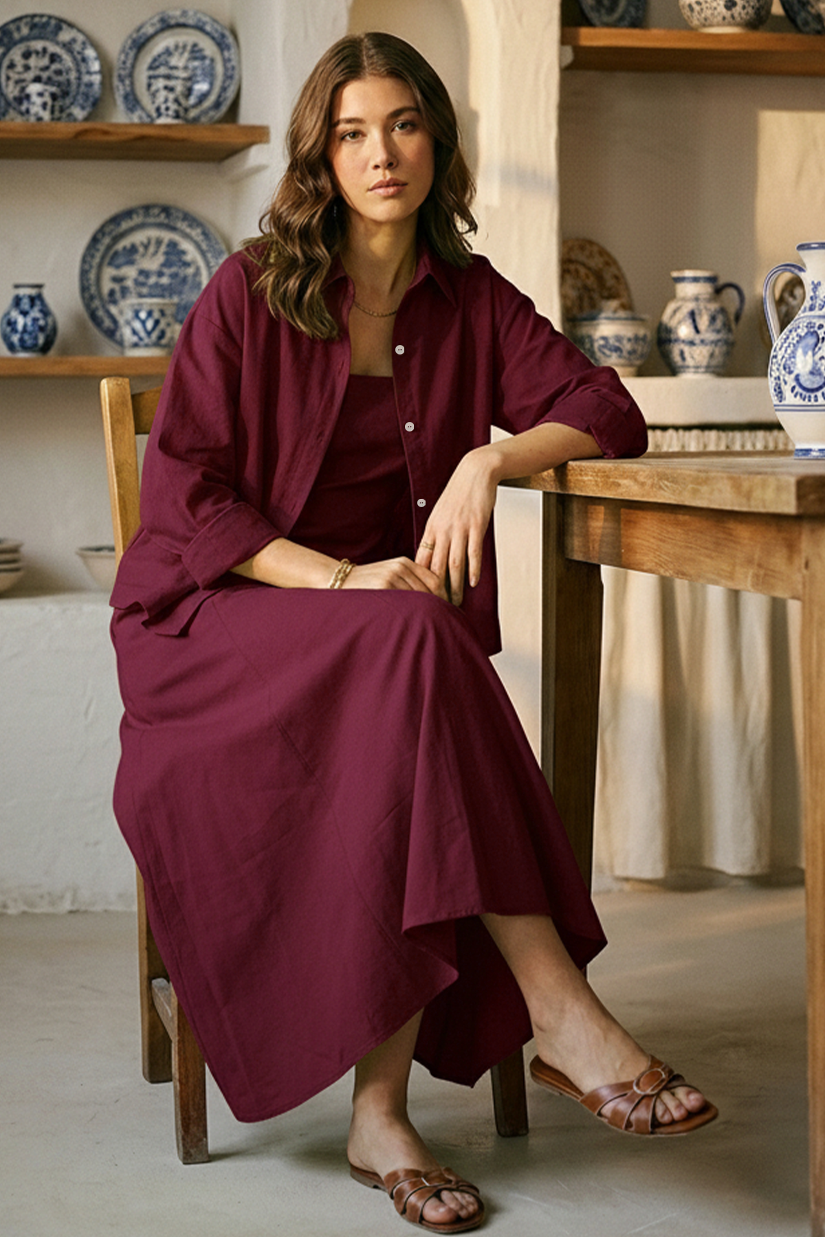 Buy a Merlot Cotton Dress Solid Sleeveless Flared Akaia Linen Set for ...