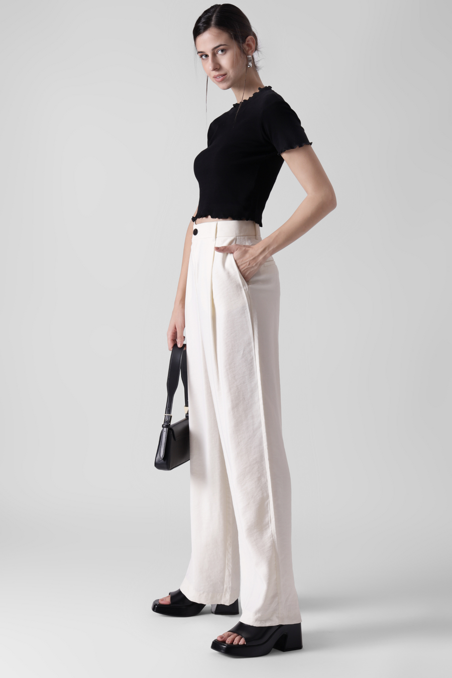 Bold Black-  Lettuce trim Ribbed crop tee
